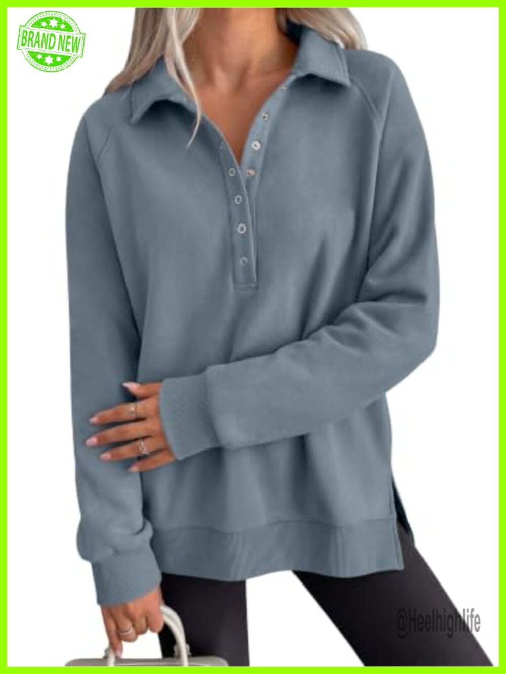 Oversized Button Up Henley Sweatshirt Fleece Lined Pullover